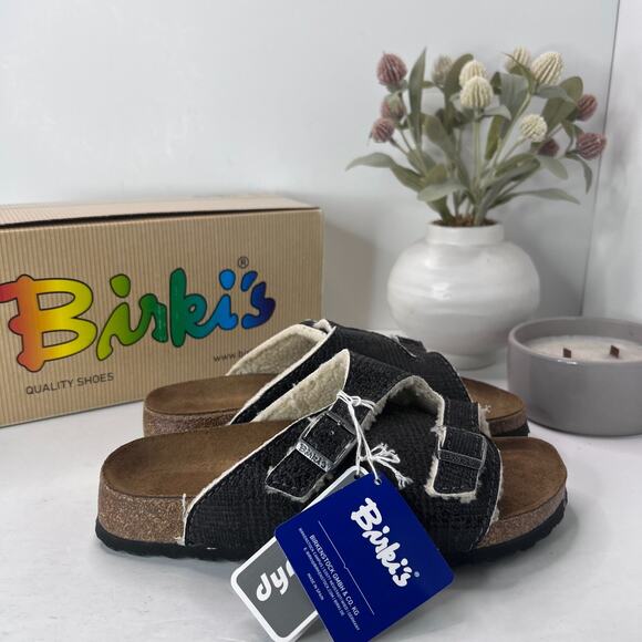 Birki's Zurich Slide Sandals Check Fur Gray 516233 Women 7/Men 5/EU38 NWB Narrow - Picture 2 of 10